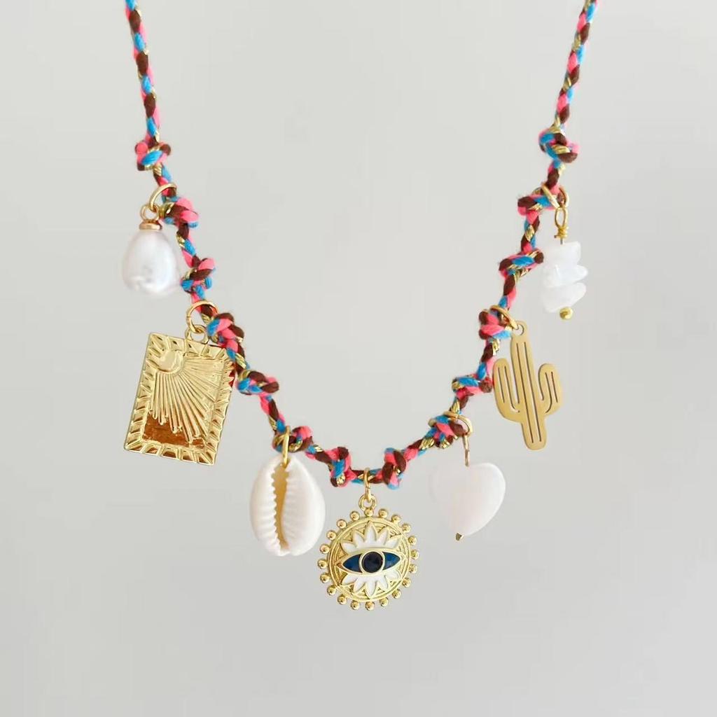 Summer Sea Breeze Starfish & Seashell Heart Pendant Rope Necklace