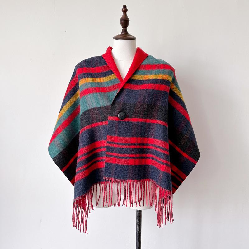 Autumn And Winter New Checkered Scarf Button Cloak Scarf Women'S Winter High End Sensation Imitation Cashmere Red Shawl