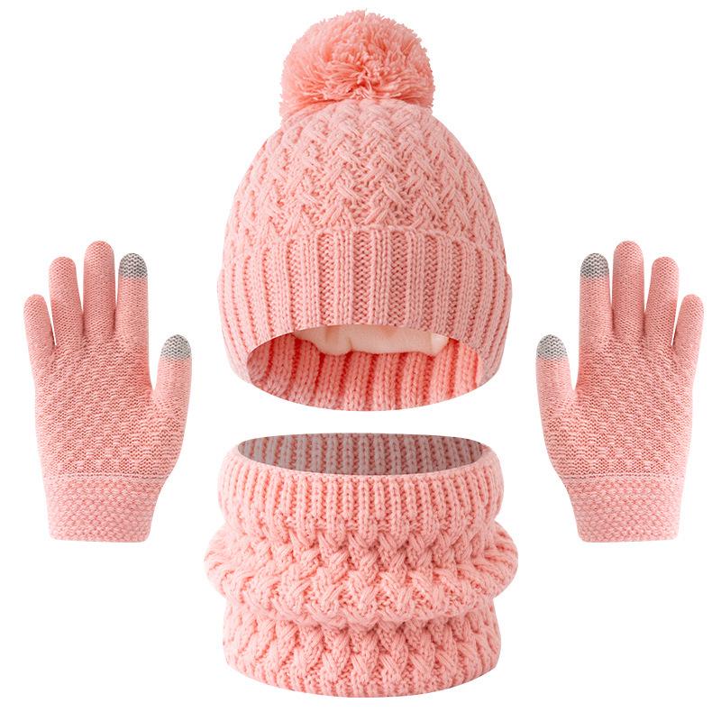 Europäisches & Amerikanisches Kinder Herbst/Winter Plus Samt Bommelmützen, Schal & Handschuhe Set