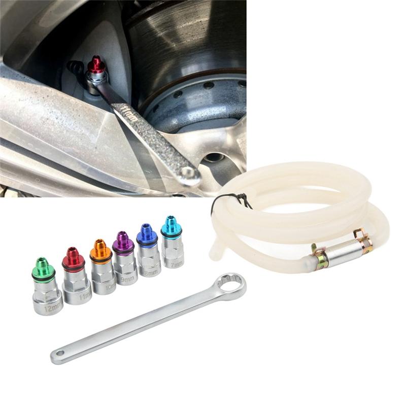 A02Q-Universal Brake Bleeder Spanner 1 Drain Hose Brake Bleeder Wrench Kit 6 Adapters Metal Sturdy For Car For Light Truck