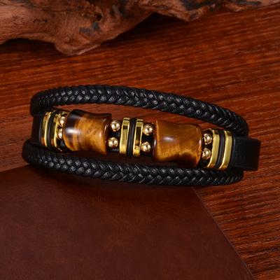 Personalized Tiger Eye Bracelet for Men, Multi-layer Leather Cord Bracelet, Stainless Steel Magnetic Clasp Hand Jewelry for Men
