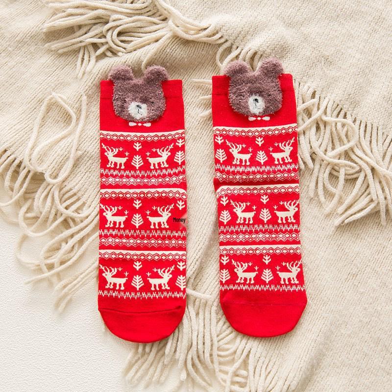 Korean Style Women's Christmas Mid-Calf Red Cotton Socks - Autumn/Winter