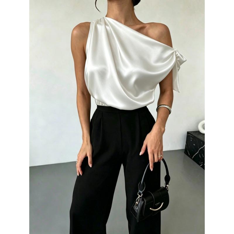 Women One Shoulder Satin Blouse With Bow Detail Elegant Sleeveless Party Tops