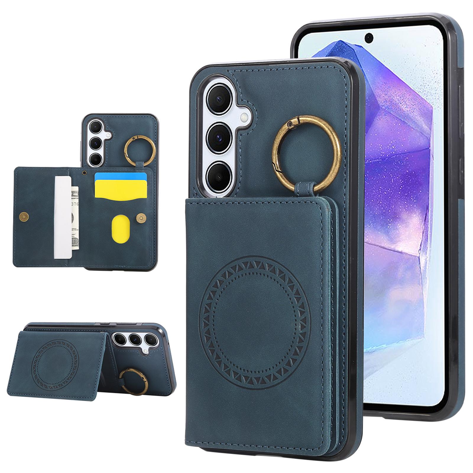

For Samsung Galaxy Galaxy S25/S24 Case Card Holder Kickstand Leather+TPU Phone Cover with Ring Holder Blue
