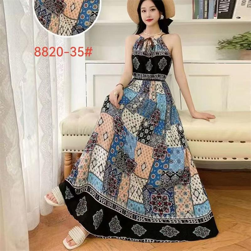 Beach dress cotton and silk printed suspender dress Hawaiian wind island Yunnan travel vacation dress artificial cotton fresh