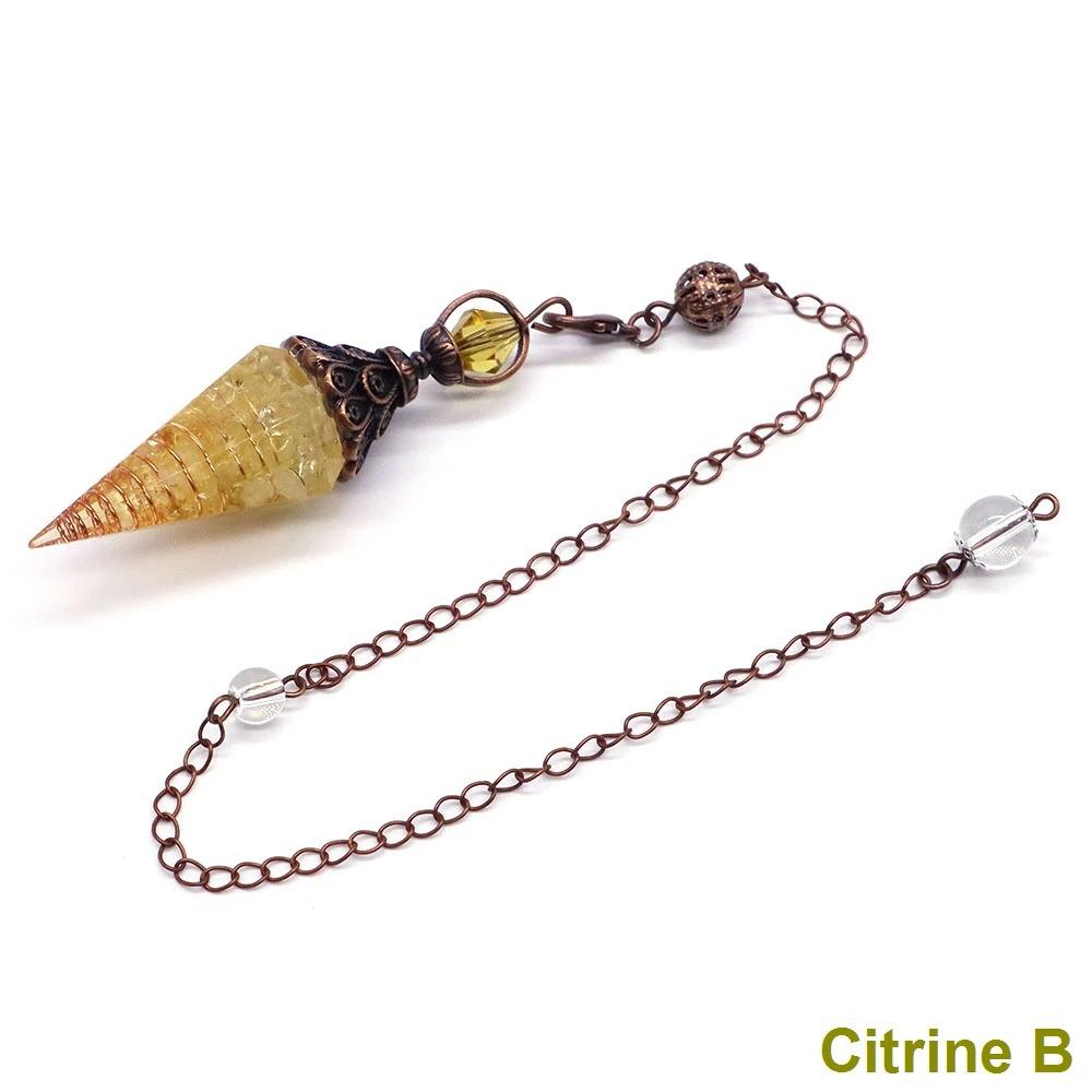 Antique Silver Seven Chakra Crystal Pendulum with Semi-Precious Chips and Resin Hexagonal Cone Pendant