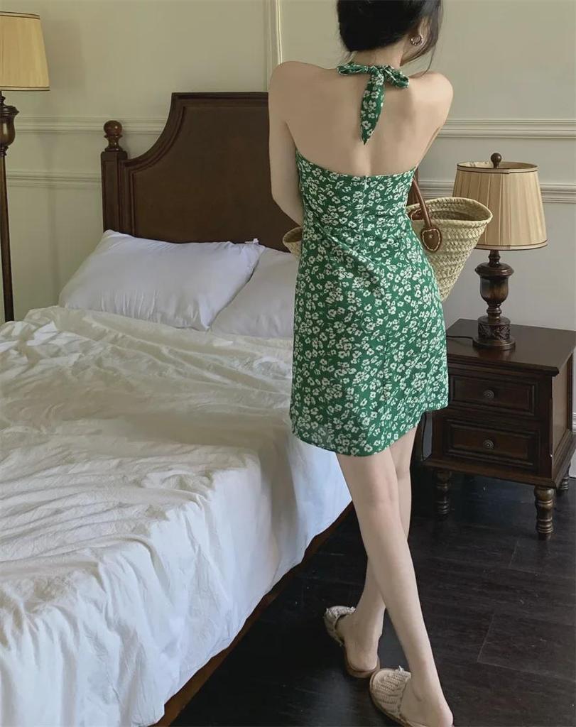 Retro Hong Kong Stil V-Ausschnitt Blumen Neckholder A-Linien Kurzkleid