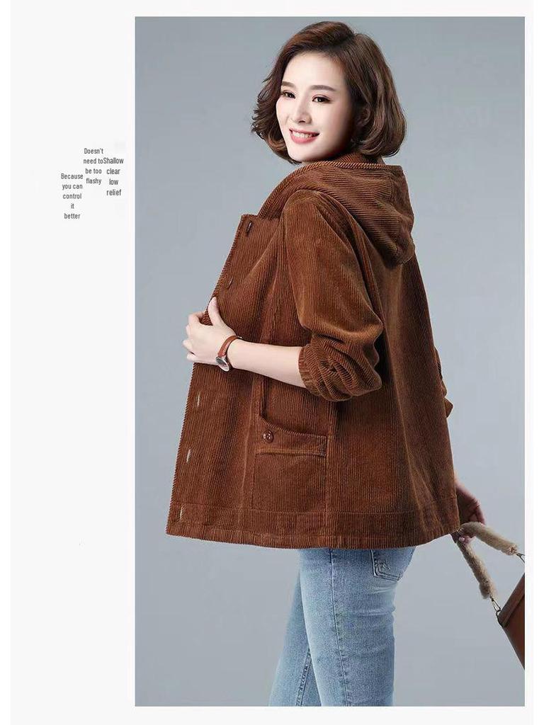 Damejakke i kordfløyel med fleecefôr, 2024 koreansk stil, høst/vinter, løs passform, plussstørrelse, slankende, hettegenser.