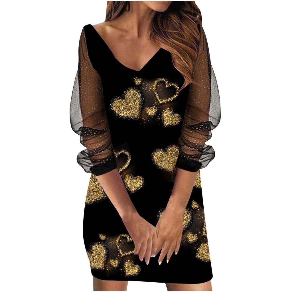 Women's Fashion Casual Long-sleeve V-neck Sexy Mesh Printing Stitching Dress