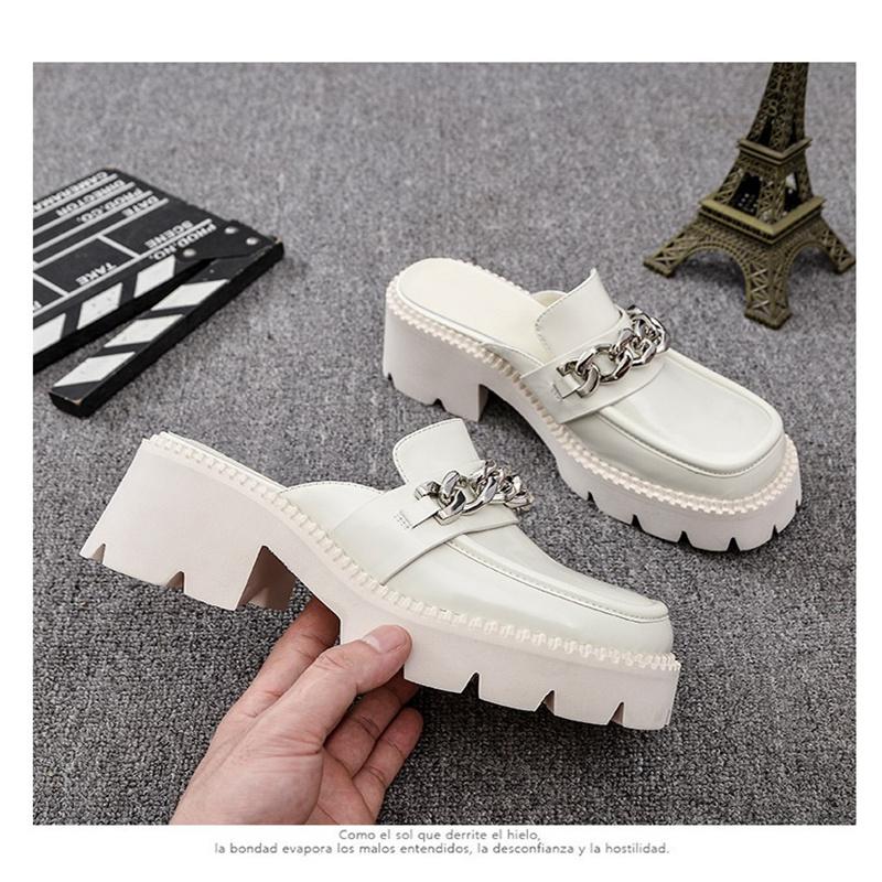 New Women Mules Black Leather Platform Silver Chain Squared Toe Casual Chunky Heels Rubber Lightly Summer Shoes Female