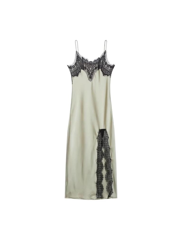 Spring 2026 European & American Lace Trim Camisole Maxi Dress with Sexy Slit