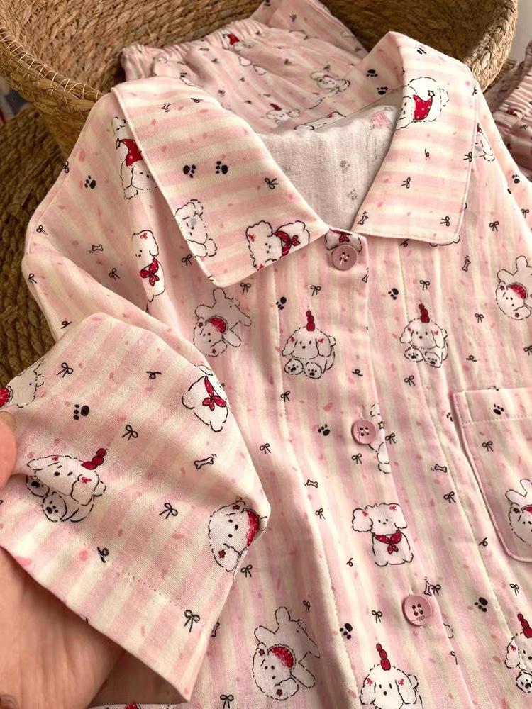 

Vermicelli red scarf, puppy pajamas, women s summer short-sleeved shorts, cardigan, two-piece set, women s casual loungewear S