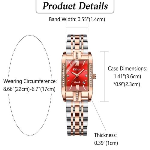 Women's Square Diamond Watch: Dainty Replica Watch with Zirconia, Roman Numerals, Quartz Movement, Calendar, Date Display, Stainless Steel Strap, Red,