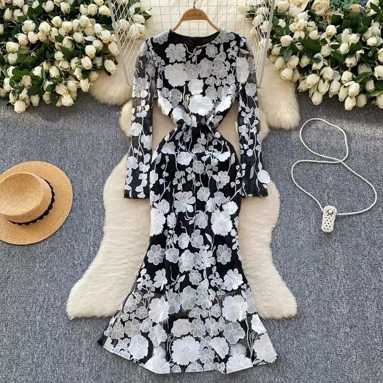 Rochii maxi lungi elegante cu broderie de flori 3D pentru femei Vacanta de vara Rochii de petrecere de seara cu coada de pește Creion