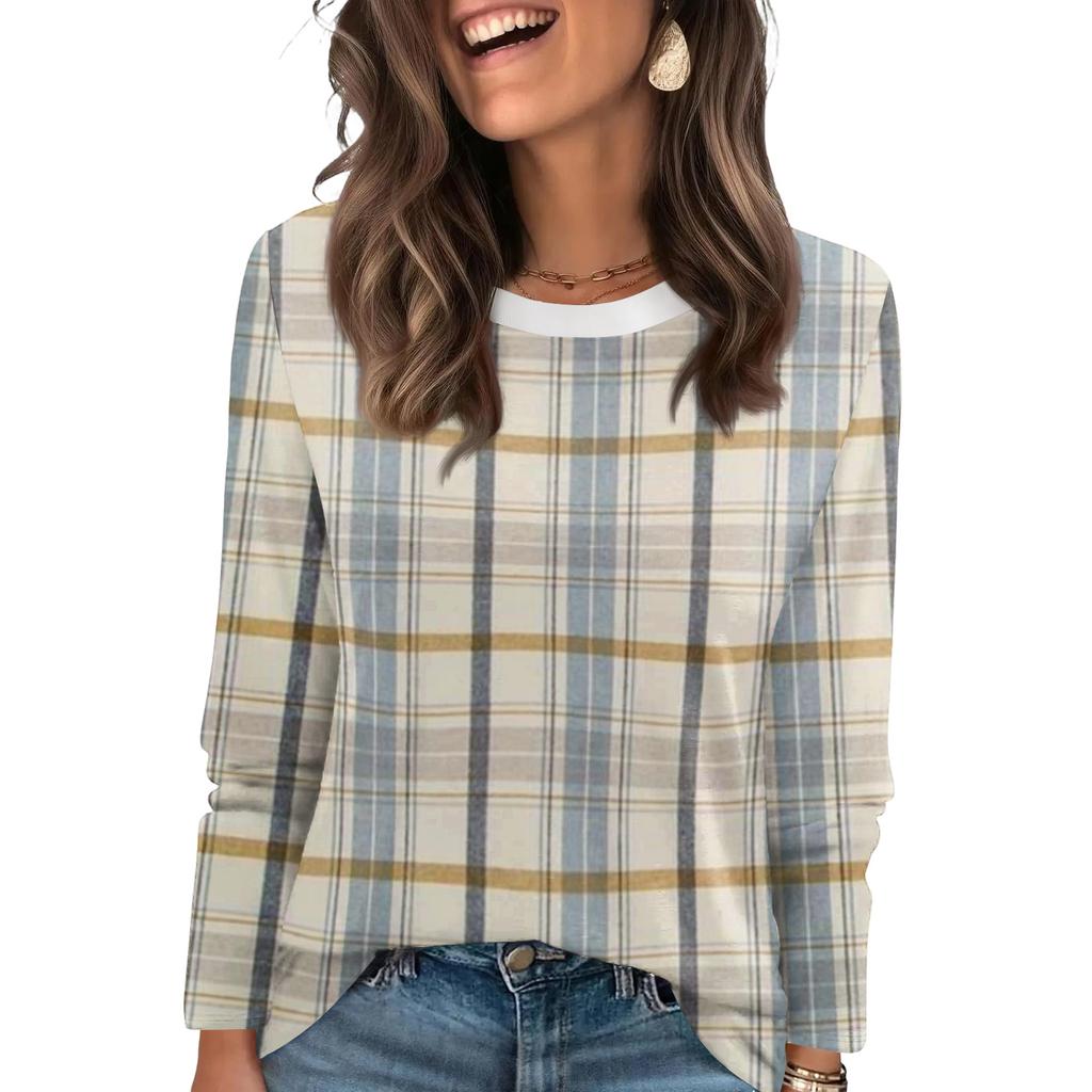 Ladies' Plaid Printed Fashionable Casual Round Neck Long Sleeved Round Neck Top