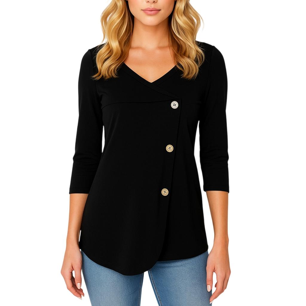 Women's Solid Color Button V-neck Long Sleeved Pullover Top