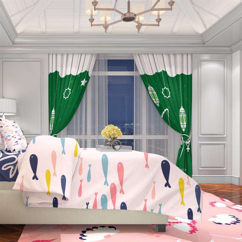 Set Of 2 Muslim Ramadan Auspicious Green Printed Curtain Polyester Material Suitable Bedroom Living Room Perfect For