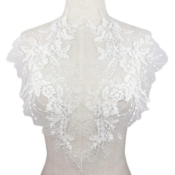 Flower Embroidery Sequin Lace Appliques Trim Floral Embroidered Sew on Patches for Wedding Bridal Dress Party Gown Bodice Craft DIY, 1 Pairs (White)