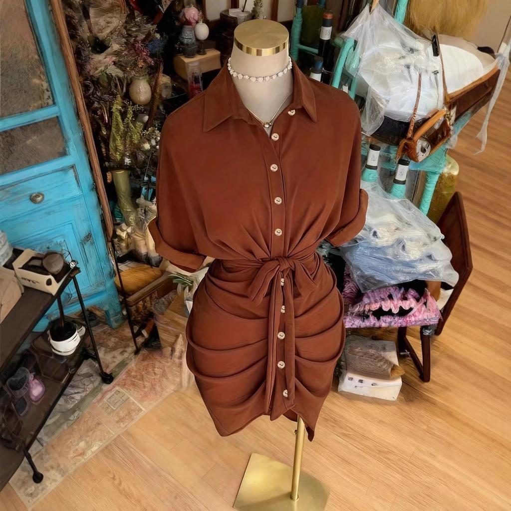 Elegant European & American Style Lace-up Shirt Dress with Adjustable Lapel and Waist-cinching Design - Fashionable Women's Attire for 2026.