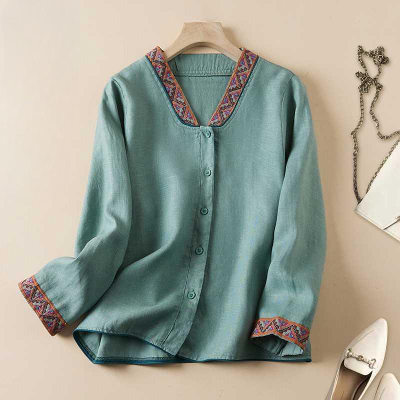 

Китайская этническая вышитая ретро-рубашка с длинными рукавами, тонкая китайская рубашка XXL зелёный