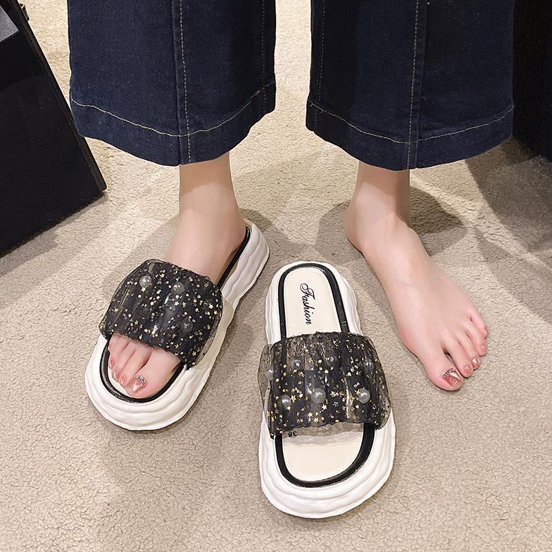 New Lace Frosted Pearl Women's Slippers, Small Fragrance Style, Summer Cool Slippers, Versatile Daily Beach Shoes, Thick Sole, Large Size