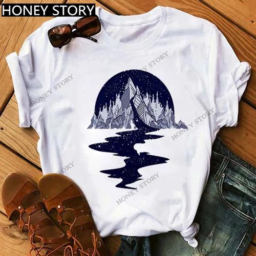 Mountain Print T-shirt Casual Harajuku T-shirt Beautiful Mountain Print Men's and Women's Trend Short Sleeve Summer polyester