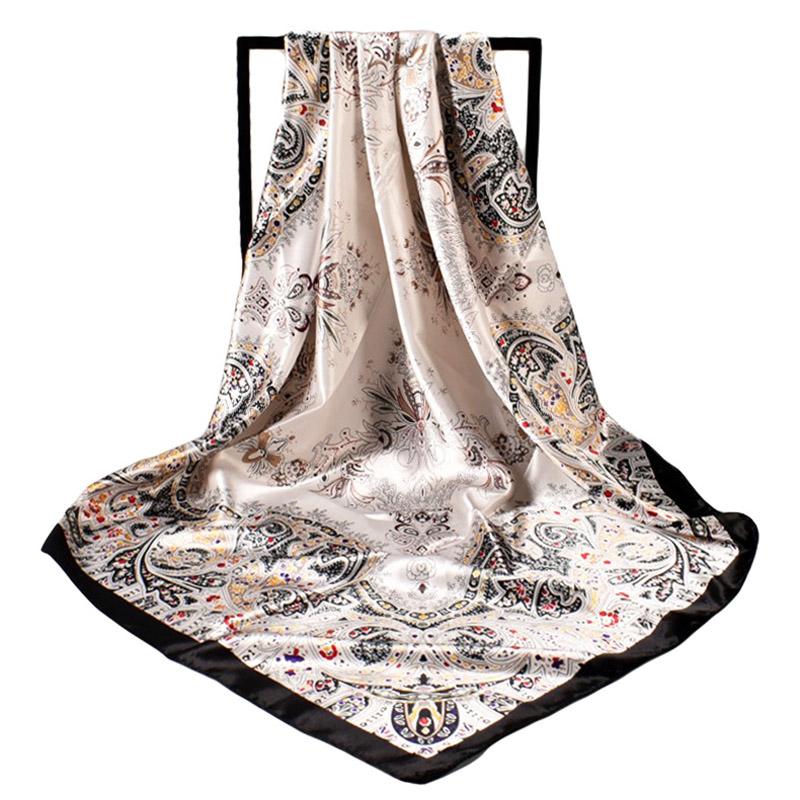 High Quality Silk Feeling Scarf Square Floral Printed Shawl Wrap Spring Summer Neckerchief Hair Band Lady Decor Foulard 90X90Cm