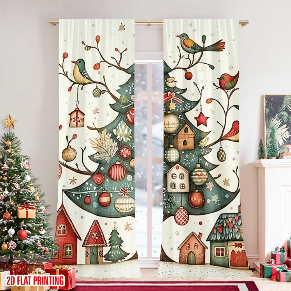 Set Of 2 Flat Printing Merry Christmas Popular Curtains Town Polyester Without Electricity Festive Wall Decor Use Curtain Made