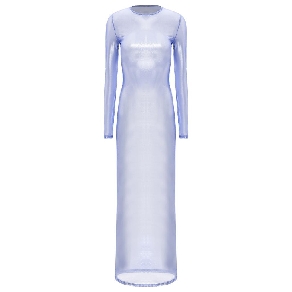 Жіноча прозора сукня з довгим рукавом, металізований блиск, напівпрозора, максі, для клубу, нічний одяг, весела спідня білизна-сукня