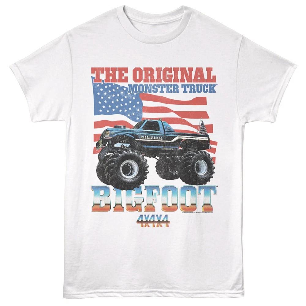 Bigfoot The Original Monster Truck 4x4x4 American Flag Background Men s T Shirt 3XL