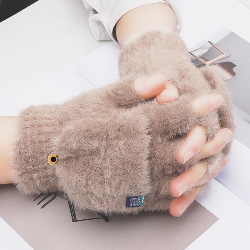 Cat Claw Gloves Women's Autumn and Winter Warm Fleece Thickened Student Writing Riding Cute Knitted Half Finger Flip Gloves