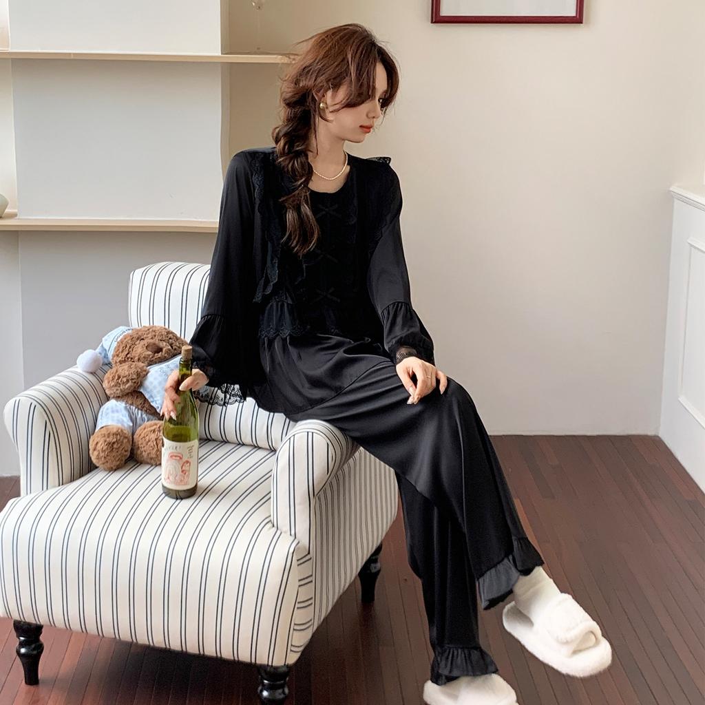 Spring and Autumn New Satin Silk Crew Neck Lace Long Sleeve Pants Pajamas Sexy Ice Silk Thin Two-piece Set