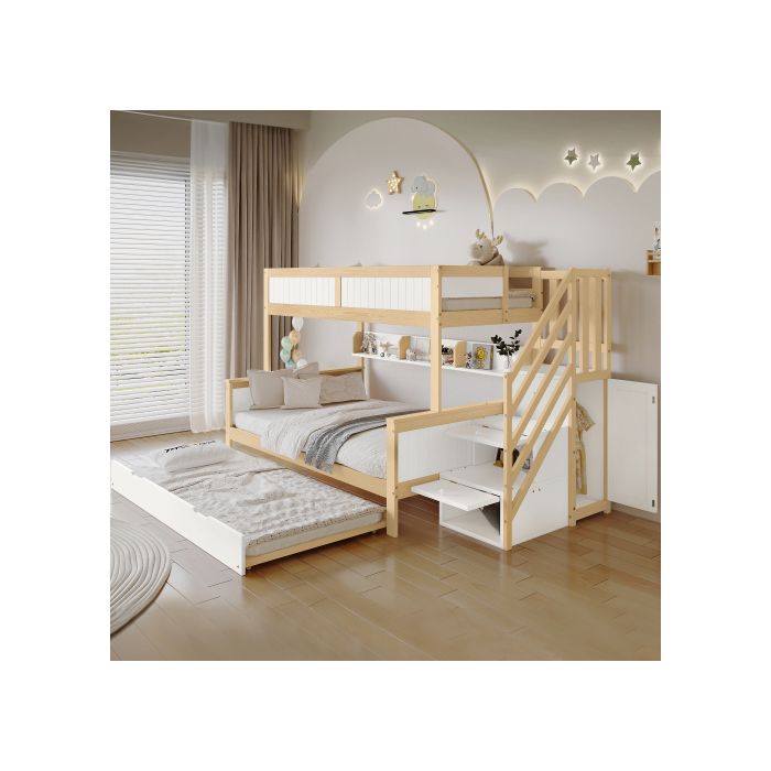 Lit superposé - MUVOE - Blanc + Naturel - 90x200 cm - Bois massif - 2/3 places