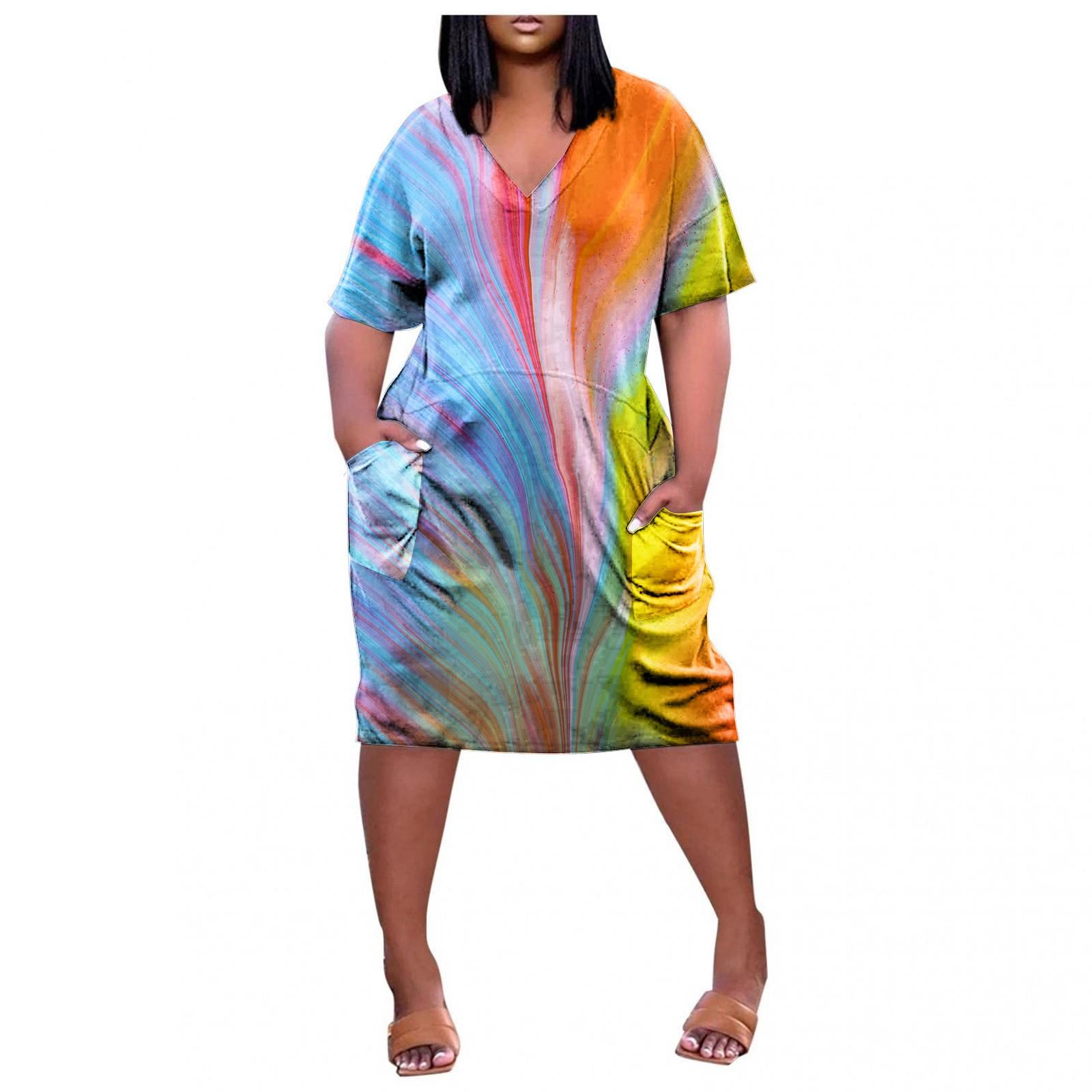 2022 Women s Summer Plus Size V Neck Short Sleeve Knee Pocket Bohemian Print Casual Dress XXXXL