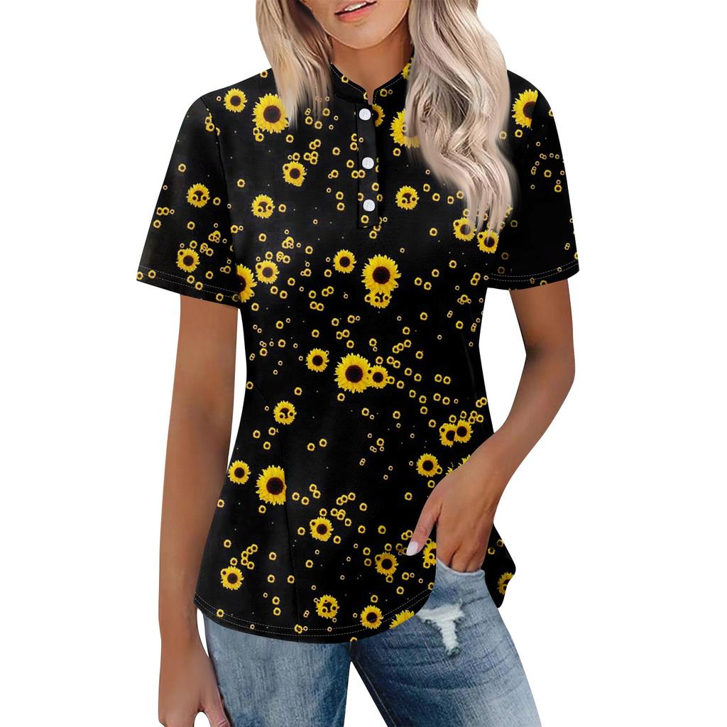 Women's Casual Floral Print V-Neck Short Sleeve Decorative Button T-Shirt Top