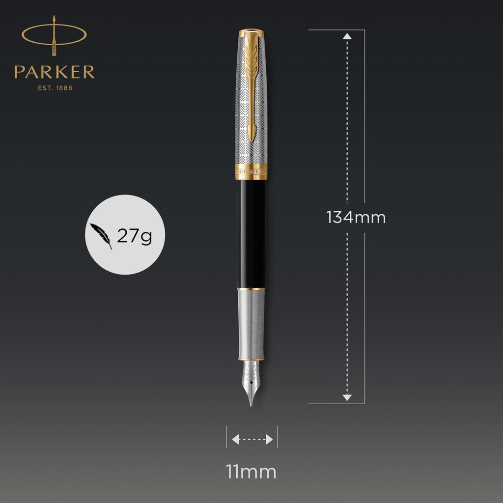 PARKER Sonnet Premium Metal Black GT Fountain Fine 18K Gold Gift Box Official 2119784 & Pen, Nib, Nib, Included, Import,