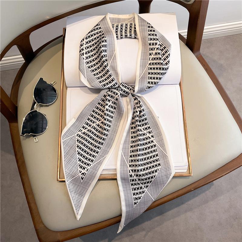 Long small silk scarf women's spring, autumn and summer black neck protection scarf with shirt streamer ribbon belt thin scarf