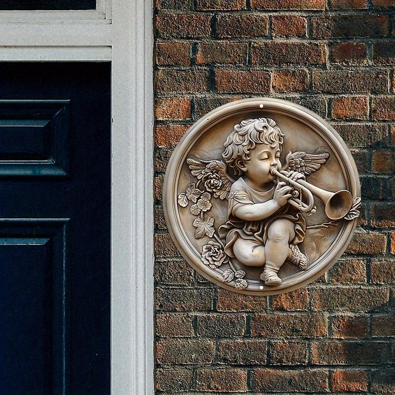 3D Relief Engel Trompete spielend, Holzschild, Geeignet für Wohnzimmer, Wand, Heimdekoration, Lustige Deko, Als Geschenk