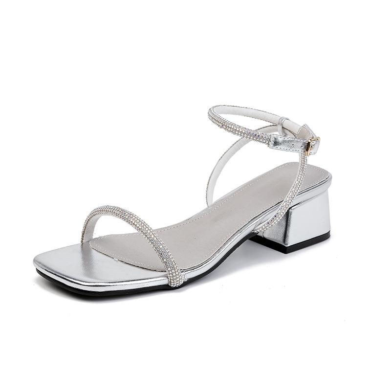Fashion Elegant Ladies Med-High Heels Summer Crystal Band Sandals Woman Office Dress Sandalias Ankle Strap Wedges Slippers Silver Shoes