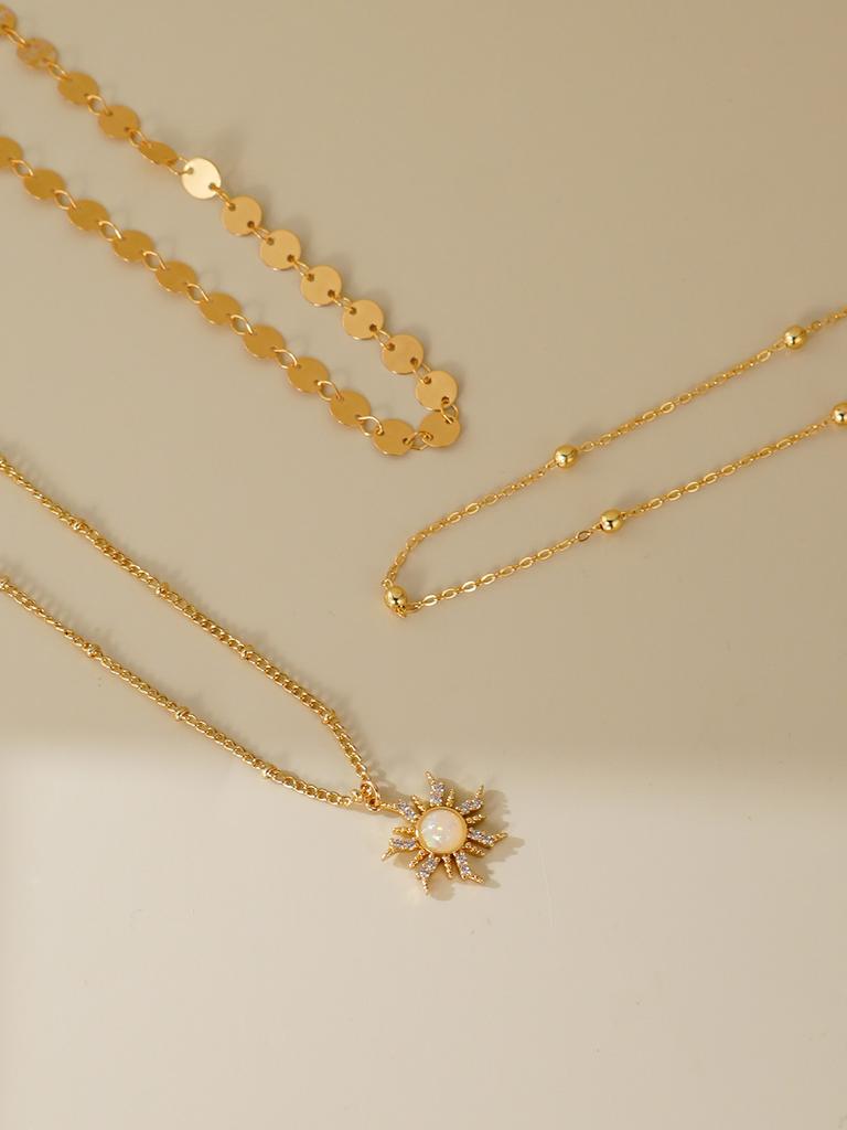 3pcs Delicate Sun Pendant Necklace Set With Disc & Beaded Chain, Multi-Layer Wearable Necklace For Women, Daily Fashion Jewelry