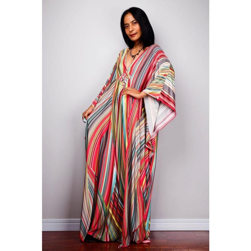 Mote for kvinner Vår Høst Fargeblokkprint Langermet V-hals Løs Midje Hverdagskjoler