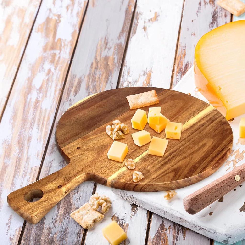 Round Wooden Pizza Plate with Handle - Multifunctional Kitchen Cutting Board and Snack Tray
