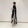 DIMANAF 2024 Plus Size T-Shirt Dress Summer Women Cotton Dress Loose Beach Casual Female Chiffon V-Neck Fake Two-Piece Dress Black Dress