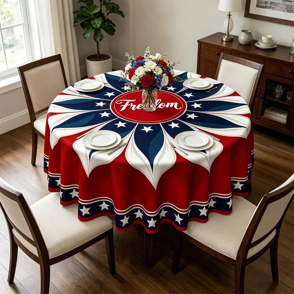 Round Tablecloth Polyester Material Star Pattern Freedom Letter Print Suitable for Dining and Party Use Decoration