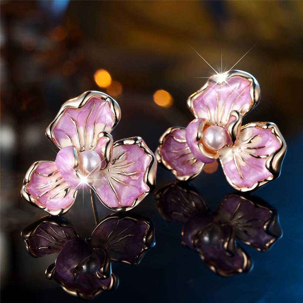 Cute Female White Pearl Purple Enamel Gold Color Flower Stud Earrings Lovely Bridal Wedding For Women
