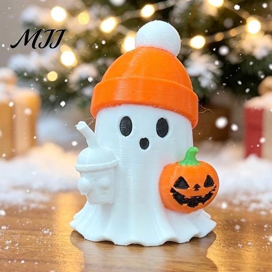 Mini Ghost Statue 3D Printed Cute Figurine with Pumpkin Milk Tea, Orange Small Desktop Ornaments Beanie Halloween Desk Ornaments, Funny Holiday