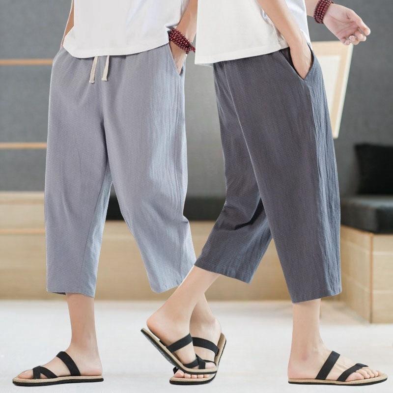 Summer Men's Casual Imitation Linen Seven Quarter Pants Thin Solid Color Cut Pants Hip-hop Street Sports