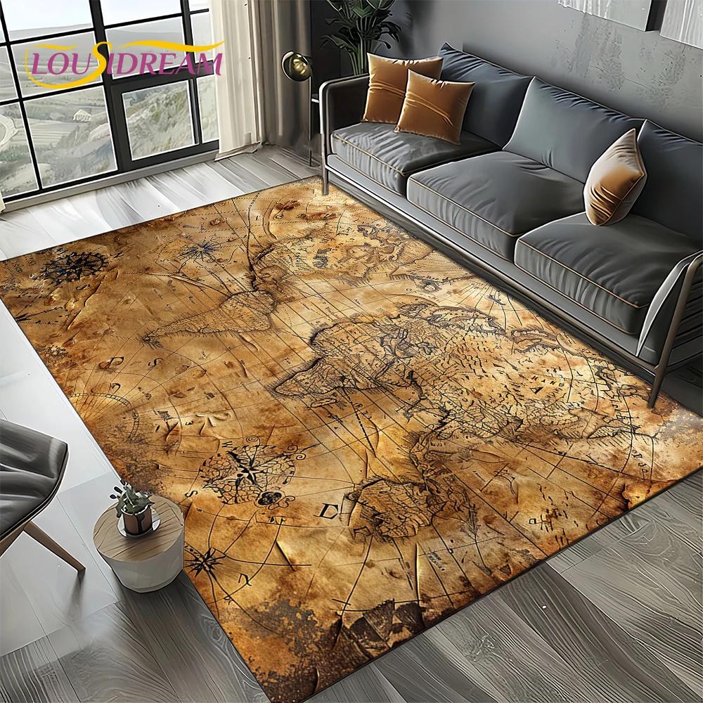 2025 Retro Ancient Nautical Chart Kraft World Map Compass Carpet Rug for Living Room Bedroom Sofa Decoration,Non-slip Floor Mat
