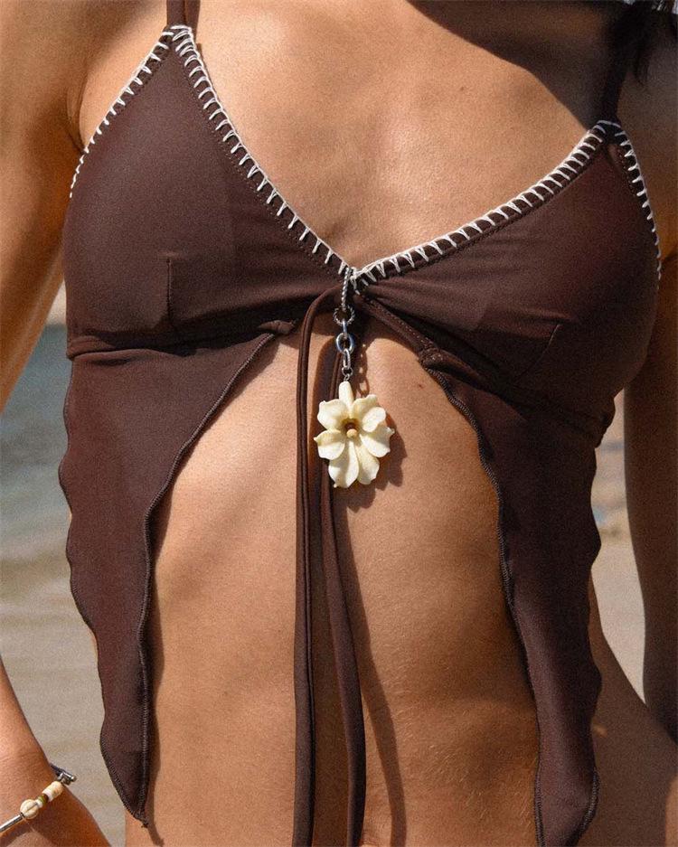 Korean Style 2025 Three-Piece Bikini Set: Sexy Split Skirt Swimsuit with Tie-Up Solid Color for Women