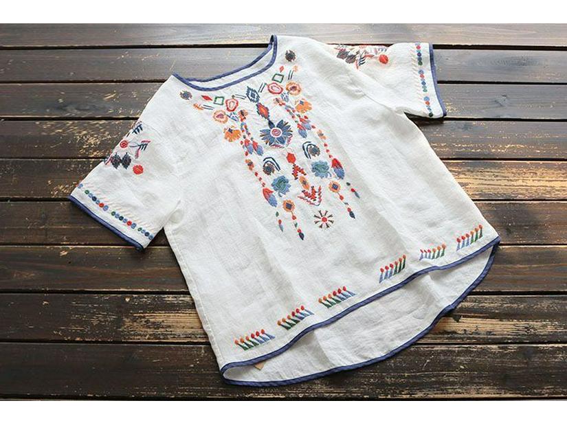 T-shirt d'été ethnique pour femmes en coton lin brodé - Coupe ample rétro, polyvalent grande taille, haut à manches courtes